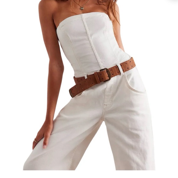 We The Free Denim - We The Free People NWOT Je Suis Pret Barrel Jumpsuit Size Large White Denim Zip